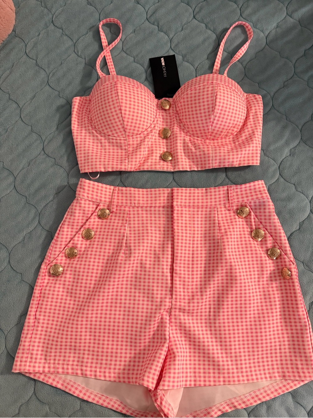 Fashion Nova Pink Gingham High-Waist Shorts Set